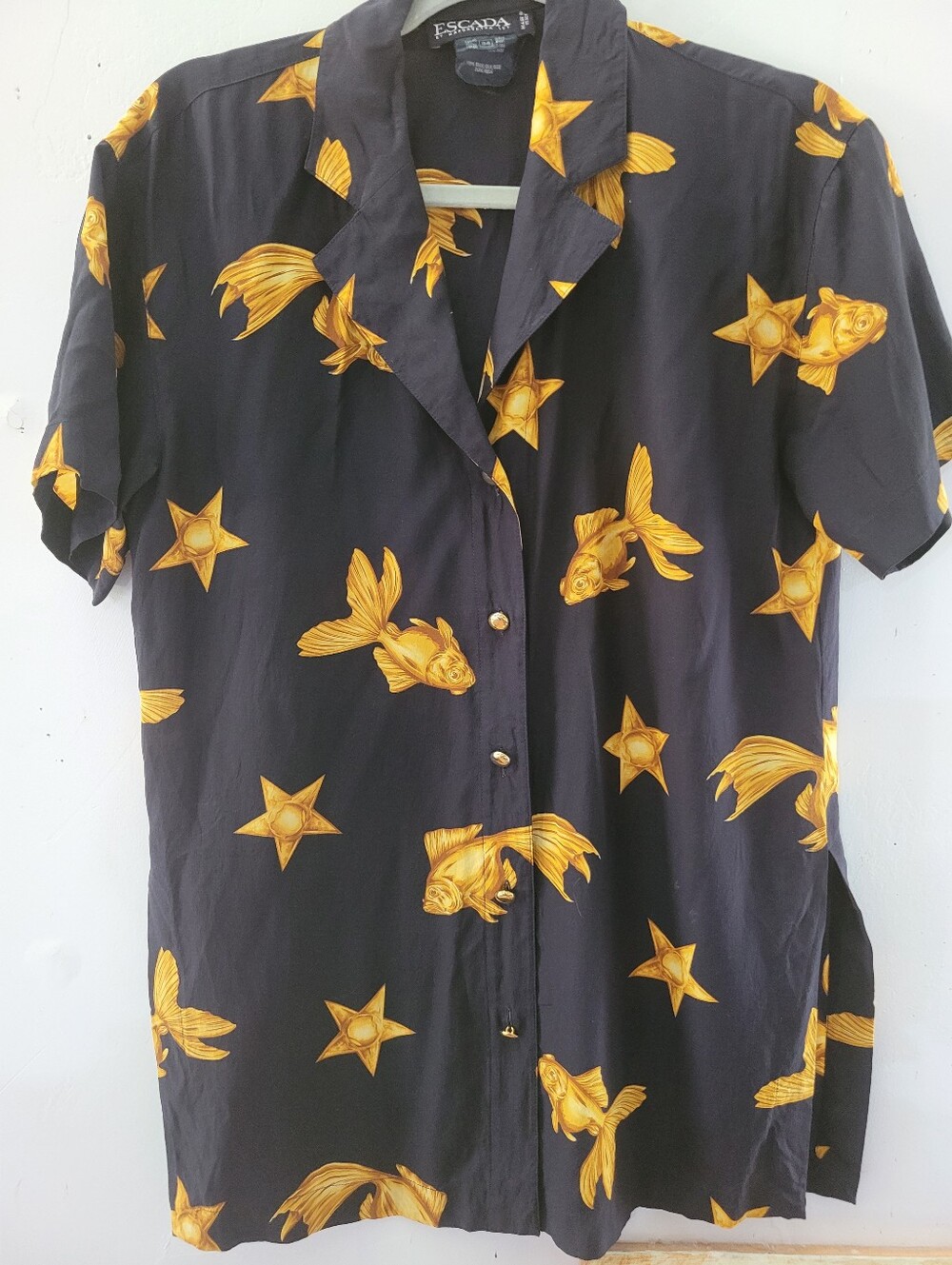 VTG Escada L/34 Black Shirt with Gold Fish & Star Print